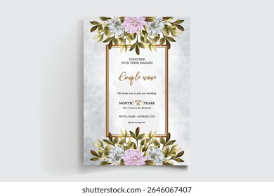 WEDDING INVITATION FRAME WITH FLOWER DECORATIONS AND FRESH LEAVES