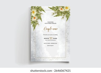 WEDDING INVITATION FRAME WITH FLOWER DECORATIONS AND FRESH LEAVES