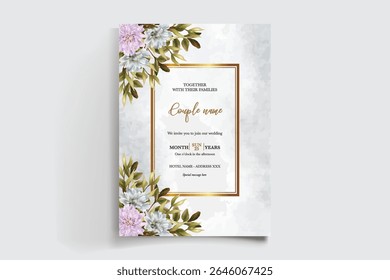 WEDDING INVITATION FRAME WITH FLOWER DECORATIONS AND FRESH LEAVES