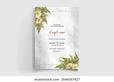 WEDDING INVITATION FRAME WITH FLOWER DECORATIONS AND FRESH LEAVES
