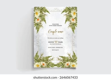WEDDING INVITATION FRAME WITH FLOWER DECORATIONS AND FRESH LEAVES