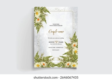 HOCHZEITSEINLADUNGSRAHMEN MIT BLUMENDEKORATIONEN UND FRISCHEN BLÄTTERN