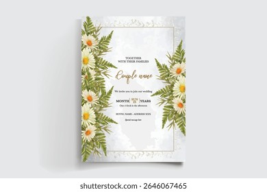 MARCO DE INVITACIÓN DE BODA CON DECORACIONES FLORALES Y HOJAS FRESCAS