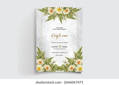WEDDING INVITATION FRAME WITH FLOWER DECORATIONS AND FRESH LEAVES