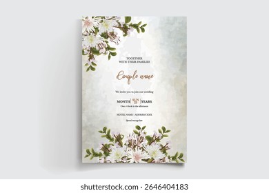 WEDDING INVITATION FRAME WITH FLOWER DECORATIONS AND FRESH LEAVES