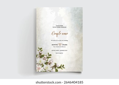 WEDDING INVITATION FRAME WITH FLOWER DECORATIONS AND FRESH LEAVES