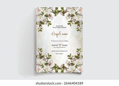 MARCO DE INVITACIÓN DE BODA CON DECORACIONES FLORALES Y HOJAS FRESCAS