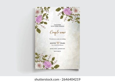 WEDDING INVITATION FRAME WITH FLOWER DECORATIONS AND FRESH LEAVES