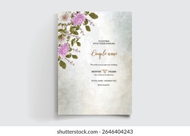 WEDDING INVITATION FRAME WITH FLOWER DECORATIONS AND FRESH LEAVES
