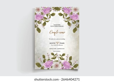 WEDDING INVITATION FRAME WITH FLOWER DECORATIONS AND FRESH LEAVES