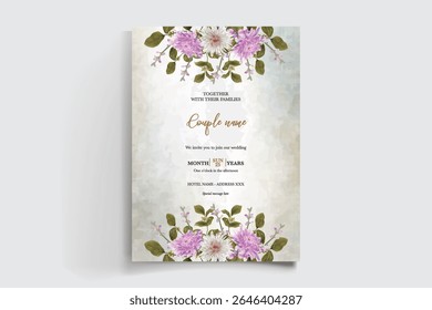 WEDDING INVITATION FRAME WITH FLOWER DECORATIONS AND FRESH LEAVES