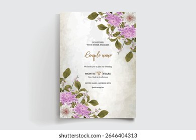 WEDDING INVITATION FRAME WITH FLOWER DECORATIONS AND FRESH LEAVES