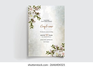 WEDDING INVITATION FRAME WITH FLOWER DECORATIONS AND FRESH LEAVES