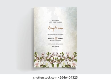 WEDDING INVITATION FRAME WITH FLOWER DECORATIONS AND FRESH LEAVES