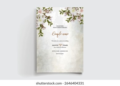 WEDDING INVITATION FRAME WITH FLOWER DECORATIONS AND FRESH LEAVES