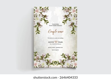 MARCO DE INVITACIÓN DE BODA CON DECORACIONES FLORALES Y HOJAS FRESCAS