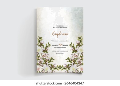 HOCHZEITSEINLADUNGSRAHMEN MIT BLUMENDEKORATIONEN UND FRISCHEN BLÄTTERN