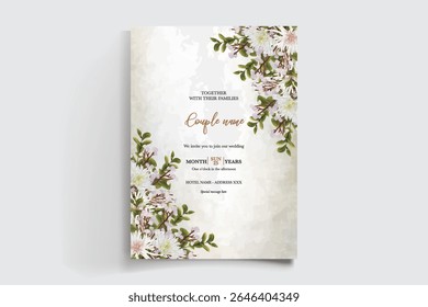 QUADRO DE CONVITE DE CASAMENTO COM DECORAÇÕES DE FLORES E FOLHAS FRESCAS