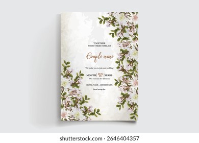 WEDDING INVITATION FRAME WITH FLOWER DECORATIONS AND FRESH LEAVES