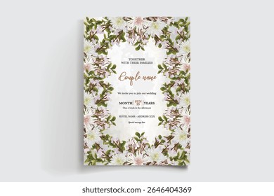 QUADRO DE CONVITE DE CASAMENTO COM DECORAÇÕES DE FLORES E FOLHAS FRESCAS