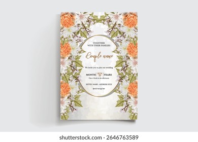 WEDDING INVITATION FRAME WITH FLOWER DECORATIONS AND FRESH LEAVES