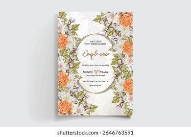WEDDING INVITATION FRAME WITH FLOWER DECORATIONS AND FRESH LEAVES