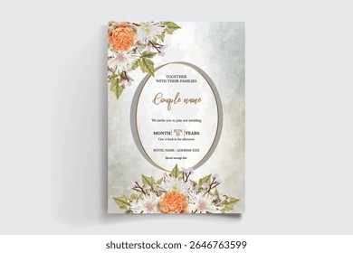 WEDDING INVITATION FRAME WITH FLOWER DECORATIONS AND FRESH LEAVES