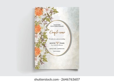 WEDDING INVITATION FRAME WITH FLOWER DECORATIONS AND FRESH LEAVES