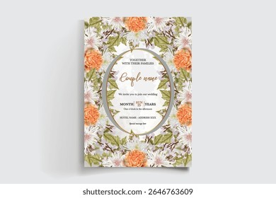 WEDDING INVITATION FRAME WITH FLOWER DECORATIONS AND FRESH LEAVES