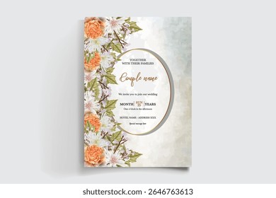 WEDDING INVITATION FRAME WITH FLOWER DECORATIONS AND FRESH LEAVES