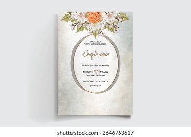 WEDDING INVITATION FRAME WITH FLOWER DECORATIONS AND FRESH LEAVES