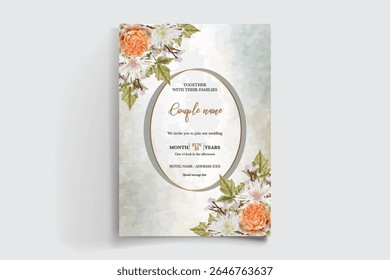 QUADRO DE CONVITE DE CASAMENTO COM DECORAÇÕES DE FLORES E FOLHAS FRESCAS