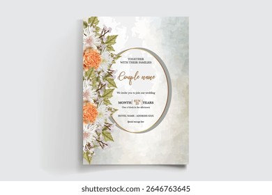 WEDDING INVITATION FRAME WITH FLOWER DECORATIONS AND FRESH LEAVES