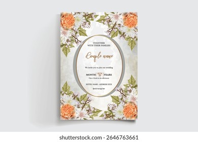 WEDDING INVITATION FRAME WITH FLOWER DECORATIONS AND FRESH LEAVES