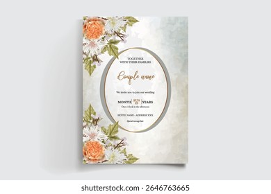 WEDDING INVITATION FRAME WITH FLOWER DECORATIONS AND FRESH LEAVES