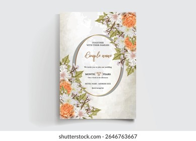 WEDDING INVITATION FRAME WITH FLOWER DECORATIONS AND FRESH LEAVES