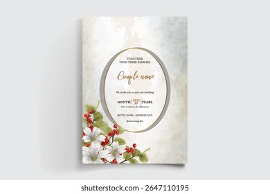 WEDDING INVITATION FRAME WITH FLOWER DECORATIONS AND FRESH LEAVES