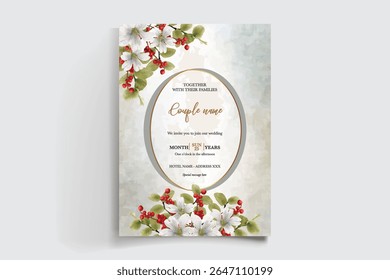 HOCHZEITSEINLADUNGSRAHMEN MIT BLUMENDEKORATIONEN UND FRISCHEN BLÄTTERN