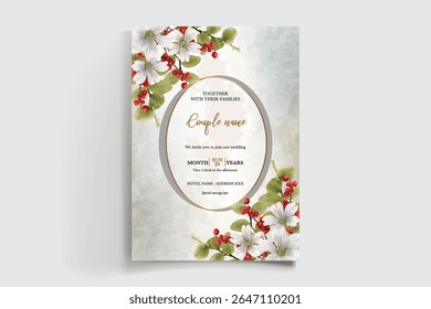 MARCO DE INVITACIÓN DE BODA CON DECORACIONES FLORALES Y HOJAS FRESCAS