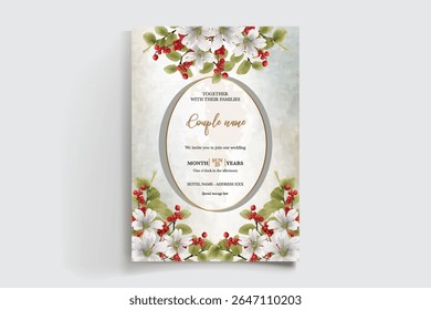 WEDDING INVITATION FRAME WITH FLOWER DECORATIONS AND FRESH LEAVES
