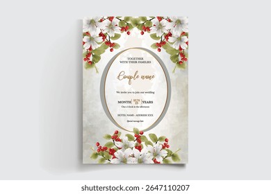 WEDDING INVITATION FRAME WITH FLOWER DECORATIONS AND FRESH LEAVES