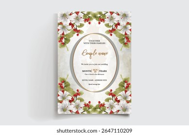 WEDDING INVITATION FRAME WITH FLOWER DECORATIONS AND FRESH LEAVES