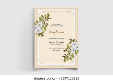 WEDDING INVITATION FRAME WITH FLOWER DECORATIONS AND FRESH LEAVES