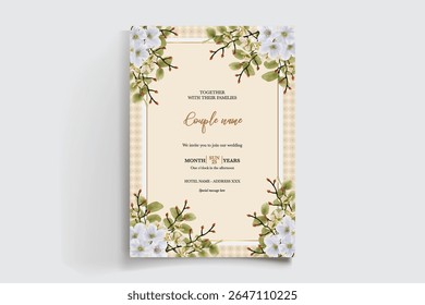 WEDDING INVITATION FRAME WITH FLOWER DECORATIONS AND FRESH LEAVES