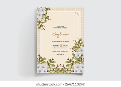 WEDDING INVITATION FRAME WITH FLOWER DECORATIONS AND FRESH LEAVES