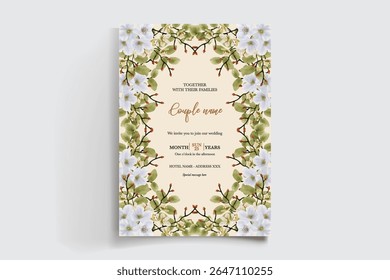 WEDDING INVITATION FRAME WITH FLOWER DECORATIONS AND FRESH LEAVES