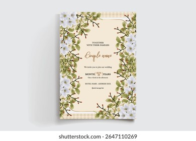 MARCO DE INVITACIÓN DE BODA CON DECORACIONES FLORALES Y HOJAS FRESCAS