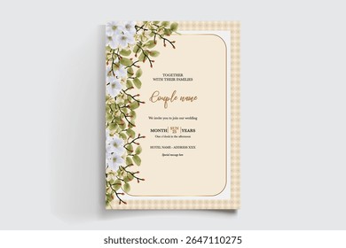 WEDDING INVITATION FRAME WITH FLOWER DECORATIONS AND FRESH LEAVES