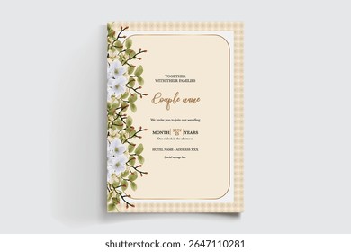 WEDDING INVITATION FRAME WITH FLOWER DECORATIONS AND FRESH LEAVES