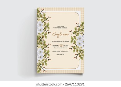 WEDDING INVITATION FRAME WITH FLOWER DECORATIONS AND FRESH LEAVES